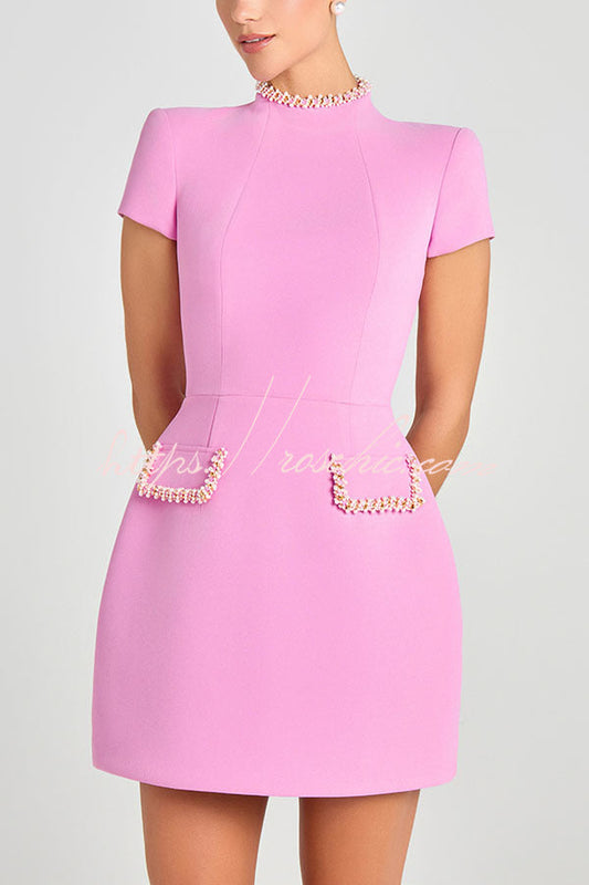 Sweet and Scent Pearl Trim Short Sleeve Pocketed Mini Dress