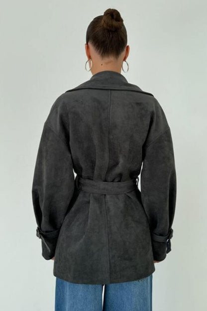 Suede Lapel Tie Waist Jacket Coat