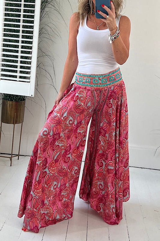 Paisley Print Elastic Patchwork Waist Lightweight Pants
