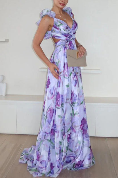 Whimsy Grace Tulle Ruffle Detail Back Lace-up Pleated Maxi Dress