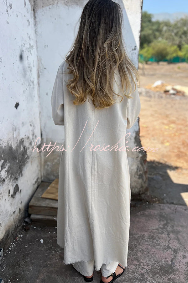 Jamilah Linen Blend Ring Detail Midi Blouse and Elastic Waist Pocketed Loose Pants Set