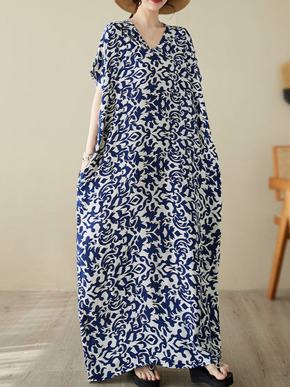 Batwing Sleeves Loose Printed V-neck Maxi Dresses