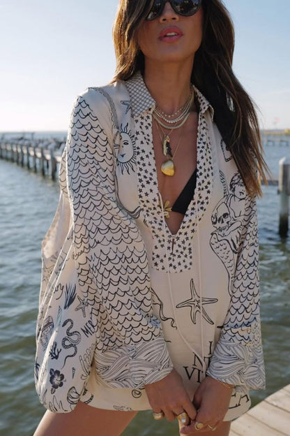 Live by Water Satin Unique Print Tassle Shirt and Elastic Waist Shorts Set