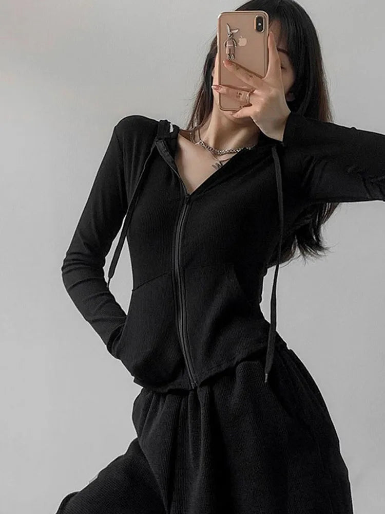 Zip Up T Shirts Hooded Cardigan Long Sleeve Cropped Tops Tracksuit
