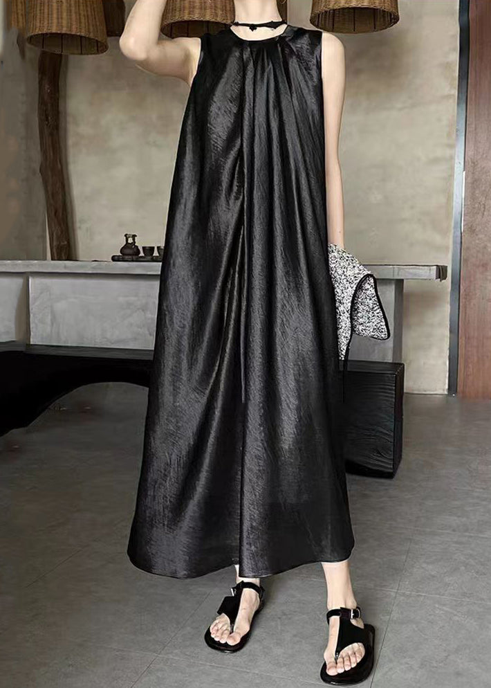 French Apricot O-neck Silk Long Dress Sleeveless Ee036