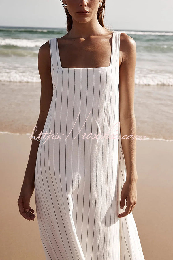 Simple and Linen Blend Pinstripe Detail Square Neck A-line Maxi Dress