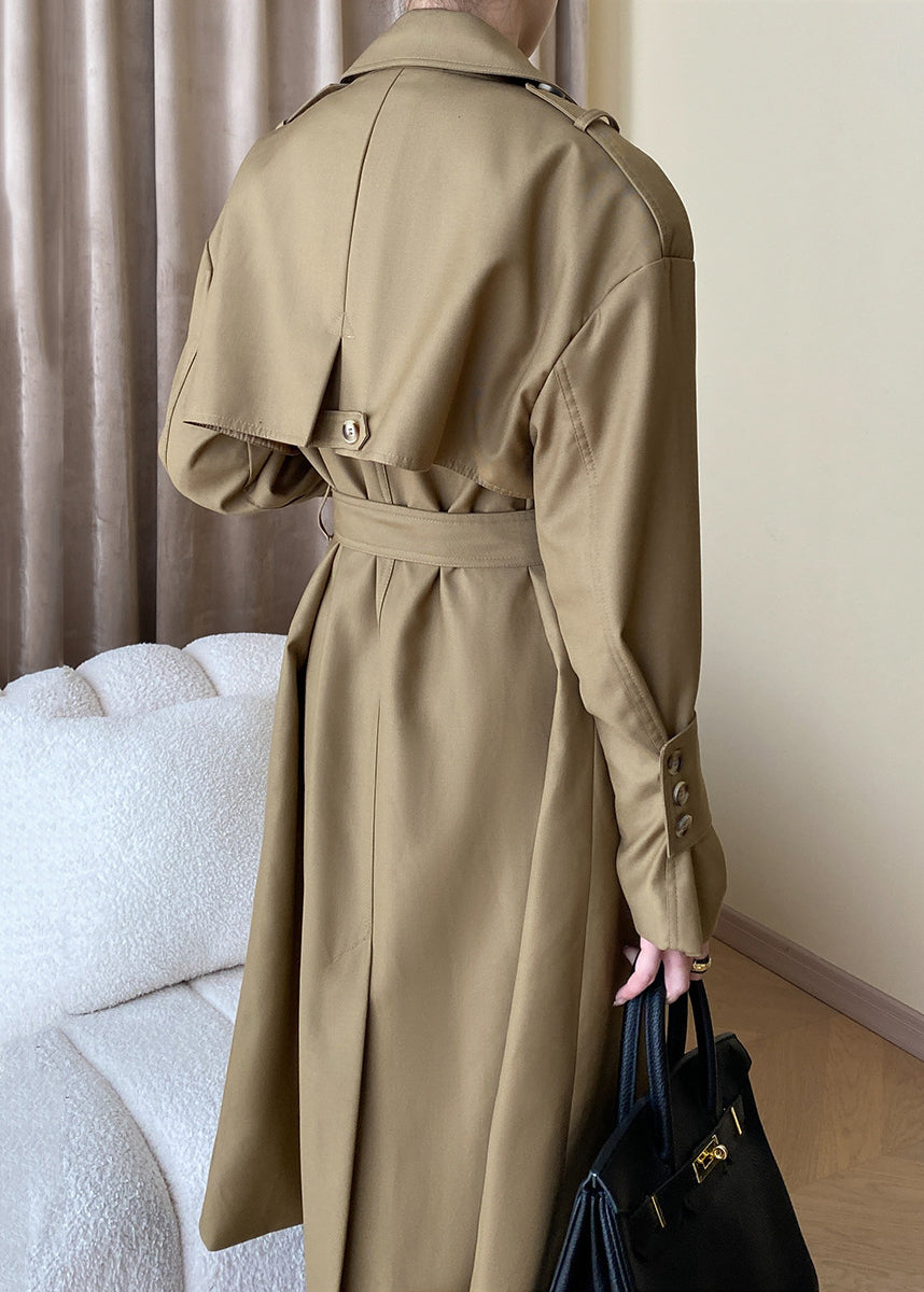 Loose Khaki Pockets Tie Waist Cotton Trench Coat Long Sleeve Af1093