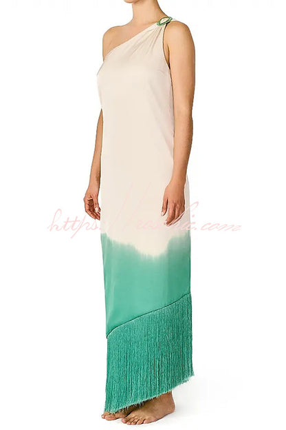 Vibrant Ombré Print Ruched One Shoulder Tassle Trim Vacation Maxi Dress
