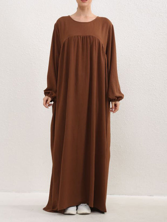 Long Sleeves Loose Pleated Color Split-joint Round-neck Maxi Dresses