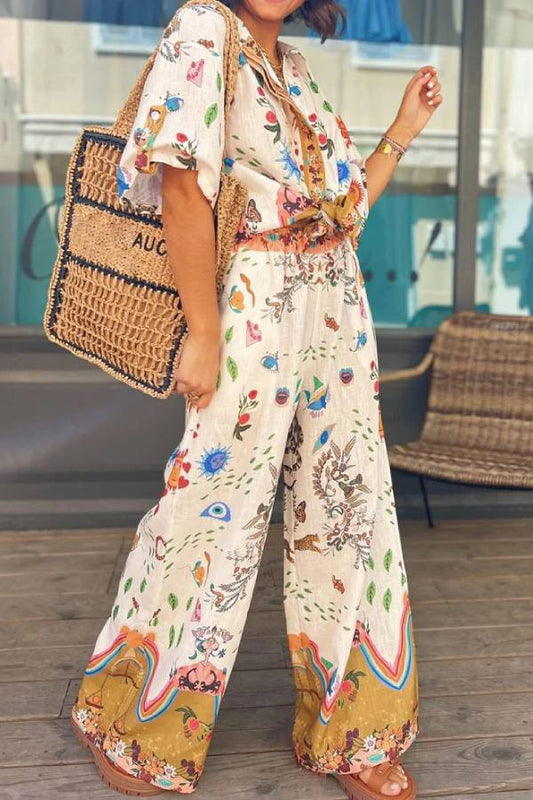 Printed Short Sleeve Shirt \u0026 Pants Two-piece Set