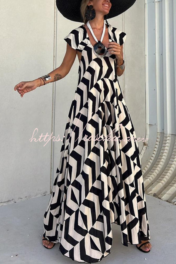 Fresh Breeze Unique Print Ruffle Sleeve A-line Maxi Dress