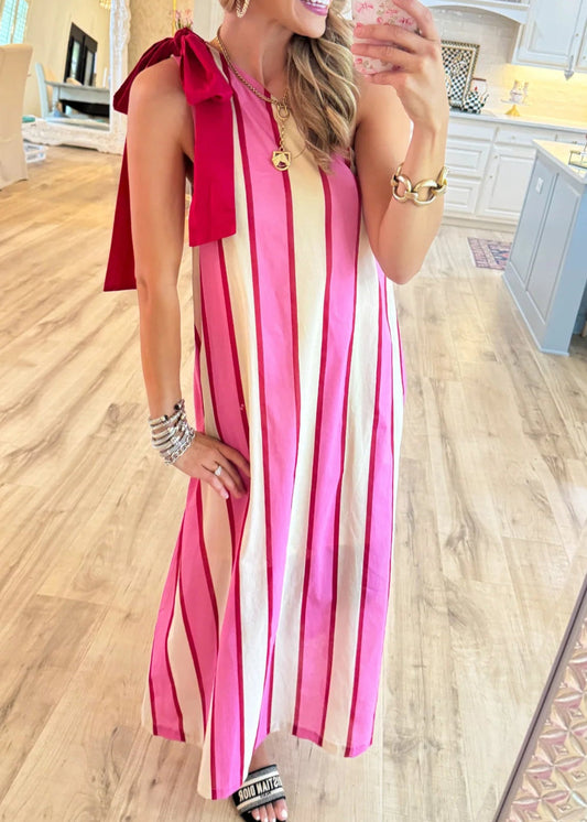 Cream and Pink Stripe Shoulder Tie Maxi Dress