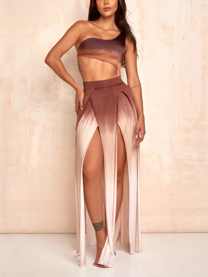 Retro Gradient Print Swimsuit and Skirt