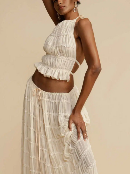 Versatility and Charm Pleated Drawstring Waist Tiered Maxi Skirt