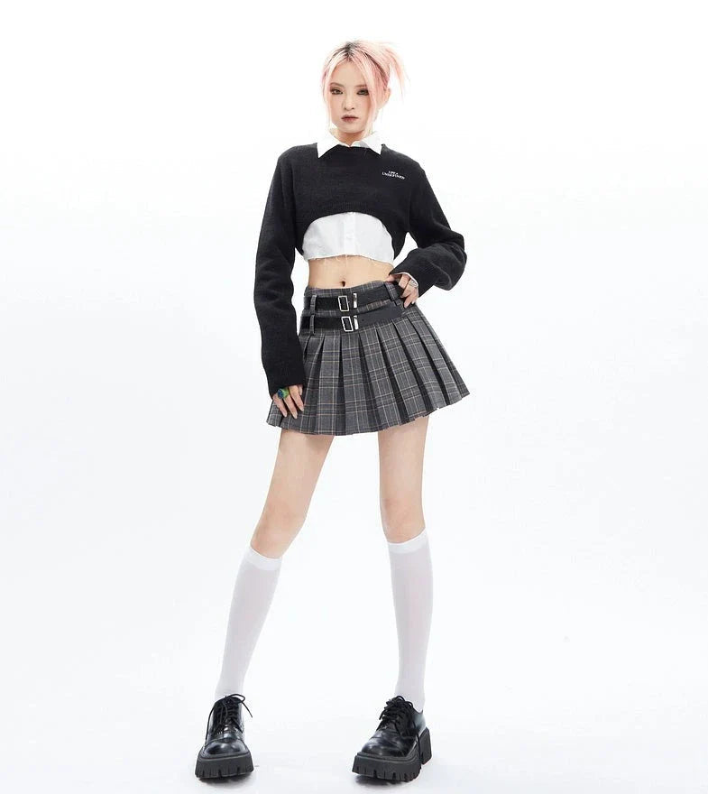 Plaid Double-belt Pleated Skirt