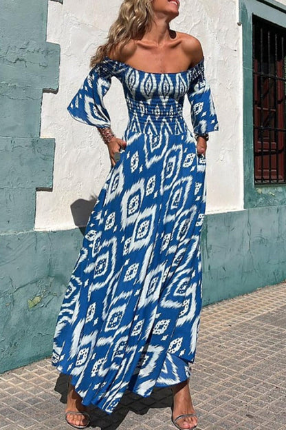 Close to the Vacation Print Smocked Off Shoulder Pocketed Maxi Dress