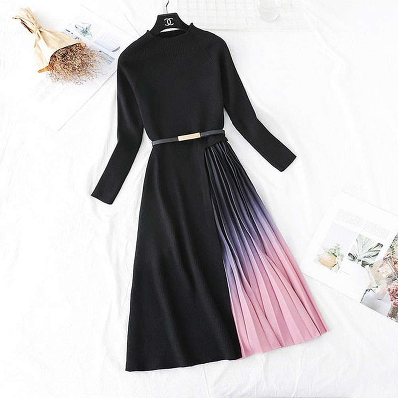 Boutique Navy V-neck Patchwork Gradient Pleated Hem Long Sleeve Sweater Dress