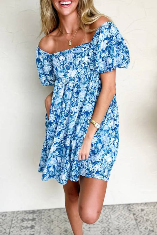 Blue Puff Sleeve Babydoll Mini Dress