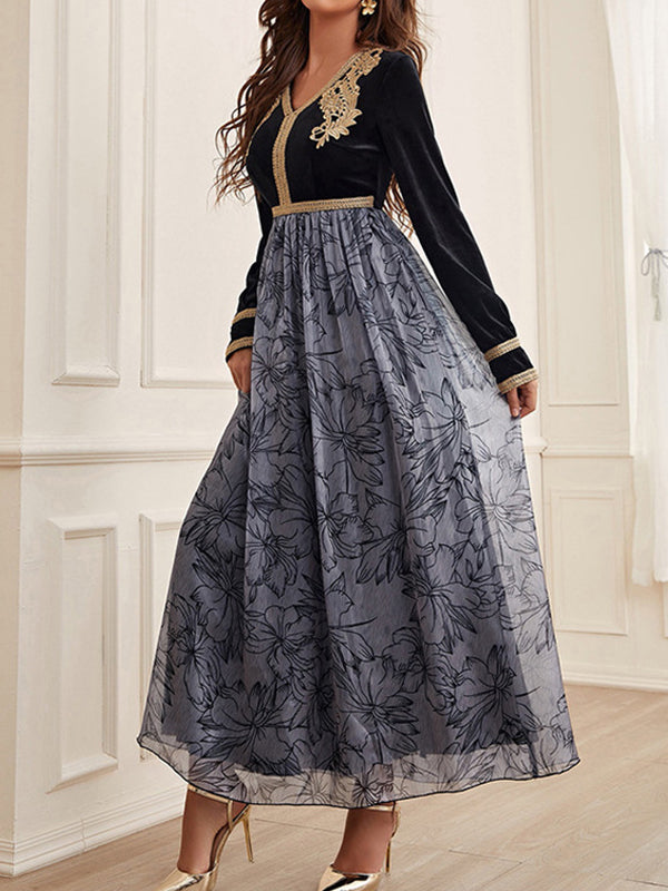 A-line High Waisted Embroidered Flower Print Split-joint V-neck Maxi Dresses