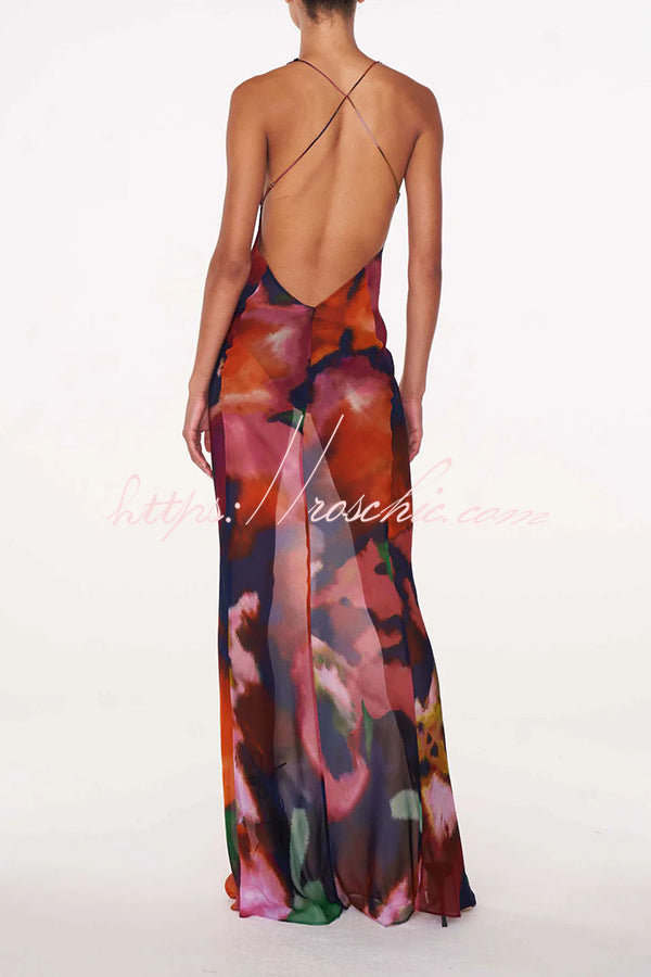 Rosalinda Abstract Print Lace Patchwork Back Lace-up Maxi Dress