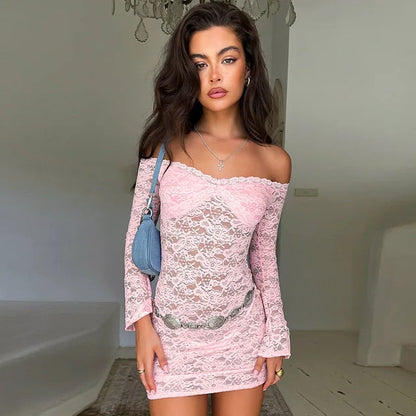 Off Shoulder See-through Lace Dress for Long Sleeve Slim Splice Beach Evening Mini Dress Female