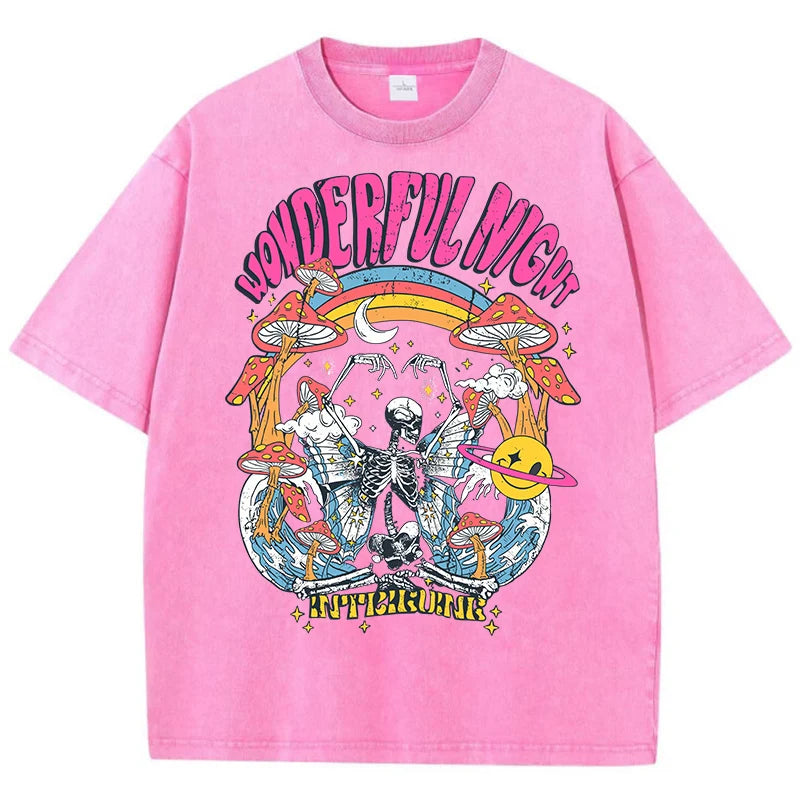 Wonderful Night Skeleton Butterfly Wave Print T-shirts Oversized Tops Street Comfortable Clothing Loose Wash Tee