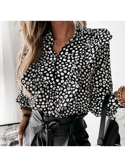 Leopard Dot Print Ruffle Blouse Shirt Autumn Winter Long Sleeve Shirts Office Lady V-neck Button Tops Blusa