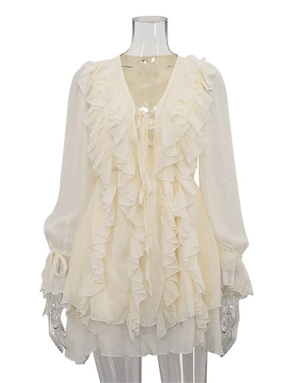 Autumn Ruffled Lace-up Mini Dress ’s V-neck Lace-up Patchwork Slim Commute Clothes Female Bandage Party Dress