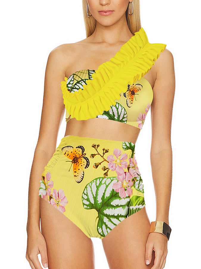 Ruffle One-shoulder Swimsuit and Skirt