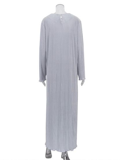 Long Sleeves Loose Pleated Color Round-neck Maxi Dresses