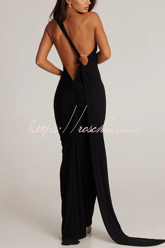 Backless Pleated Slim Color Sleeveless Maxi Dress