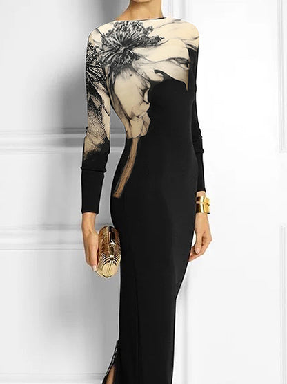 Bodycon Long Sleeves Printed Boat Neck Maxi Dresses