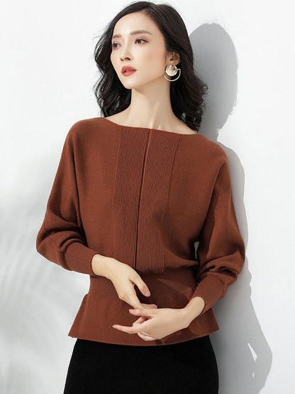 Red Boat Neck Tunic Ruffled Hem Long Sleeve Sweater An1040