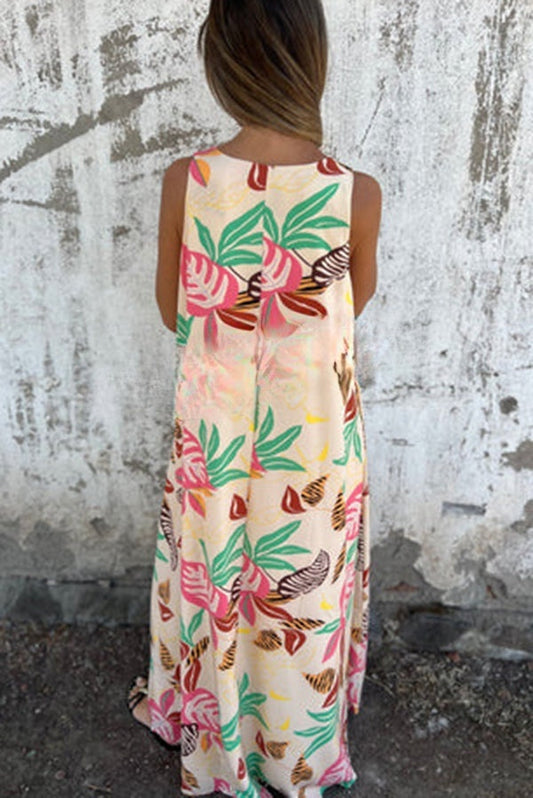 Botanical Print V-neck Pocket Loose Maxi Dress