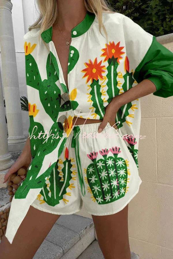 Contrasting Cactus Print Button Pocket Lace Up Shorts Set
