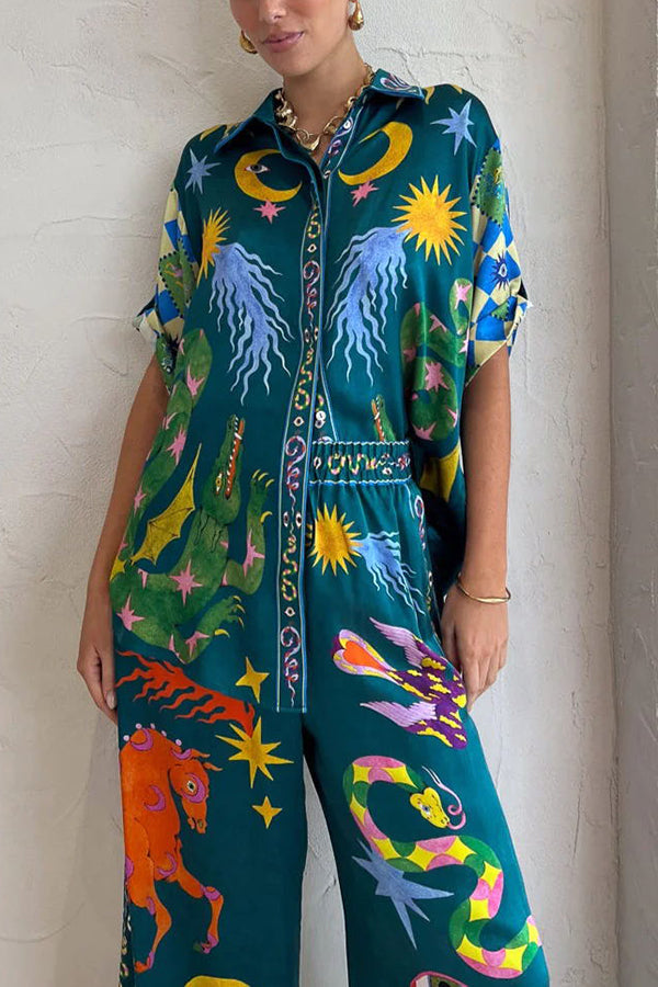 Beachy Linen Blend Unique Print Button Down Oversized Blouse