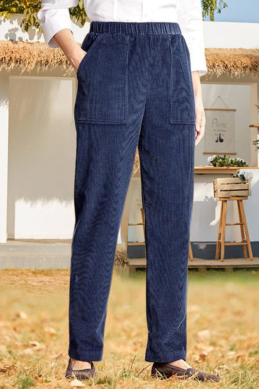 Color Elastic Waist Striped Straight Pants