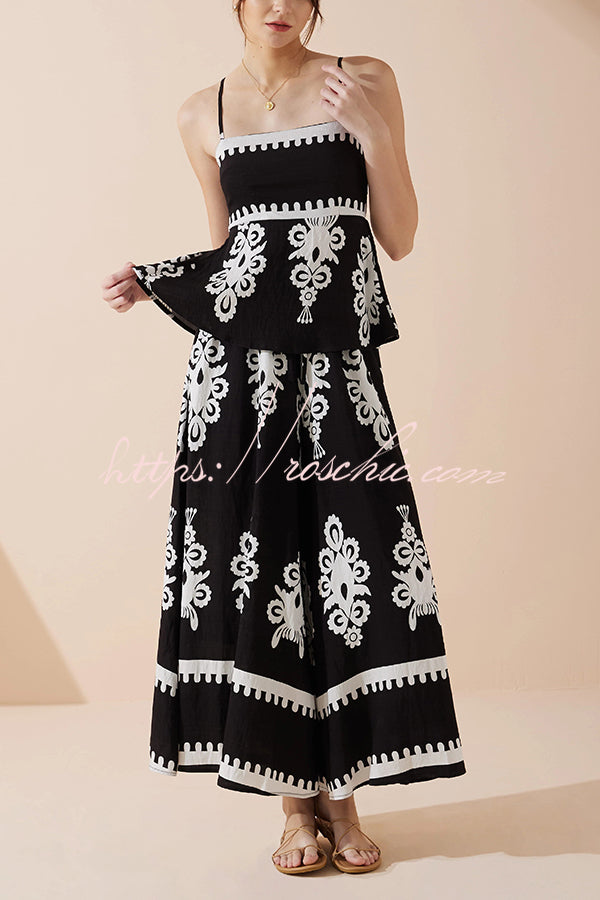 Unique Print Suspender Pleated Top and Elastic Waist Loose Wide-leg Pants Set
