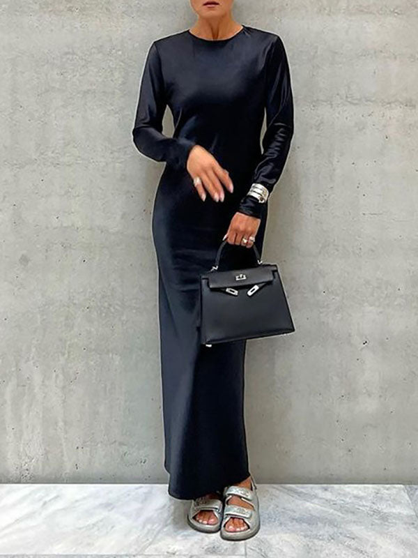 Loose Long Sleeves Color Round-neck Maxi Dresses