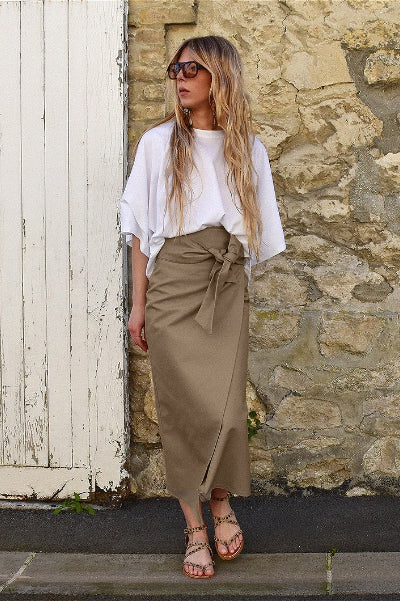 High-waist Self-tie Straight Midi Skirt