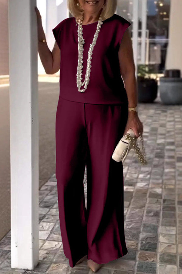 Color Crew Neck Sleeveless Top and Pocket Straight Leg Pants Set