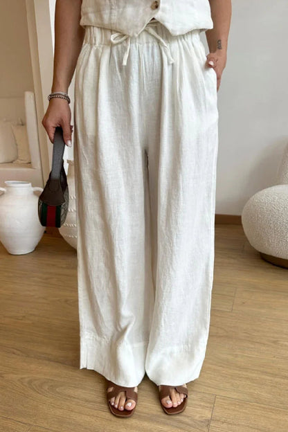 Color Cotton Linen Vest \u0026 Lace-up Pants Two-piece Set