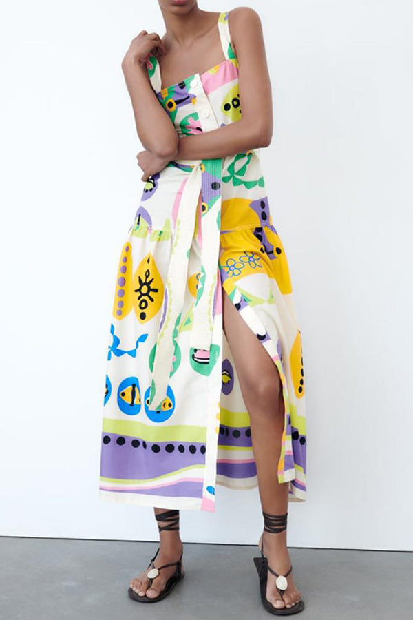 Button-breasted Belted Wide Strap Maxi Dress