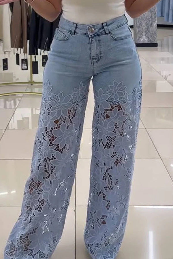 Hollow Lace Stitching Pocket Denim Wide-leg Pants