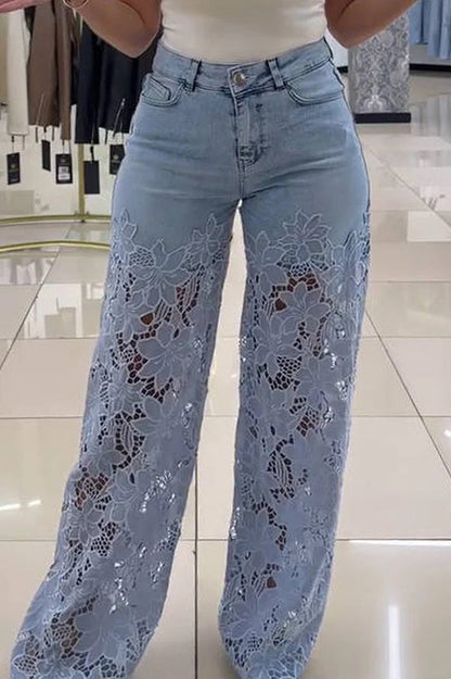 Hollow Lace Stitching Pocket Denim Wide-leg Pants