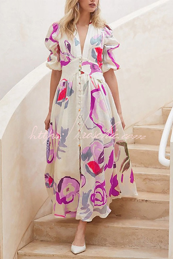 Lover's Gaze Watercolor Printed Puff Sleeve Button Maxi Dress