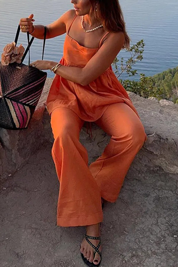 Color Suspender Loose Top and Elastic Waist Wide Leg Pants Set