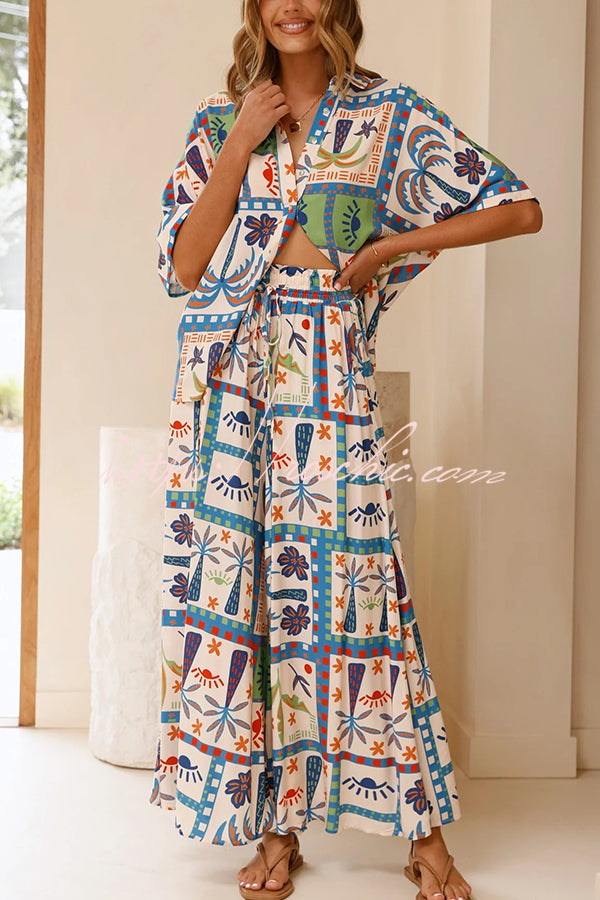 Unique Print Lapel Short Sleeve Loose Shirt and Elastic Waist Pocket Wide Leg Pants Set