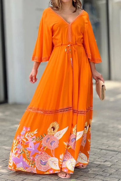 Unique Printed Lace Patchwork Lace Up Maxi Dress