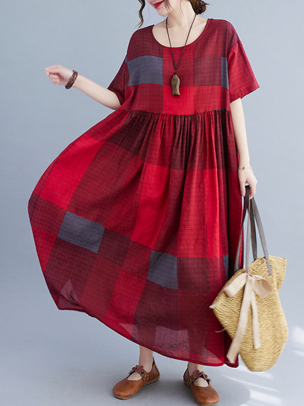 Artistic Retro Loose Color-block Pleated Round-neck Half Sleeves Midi Dress